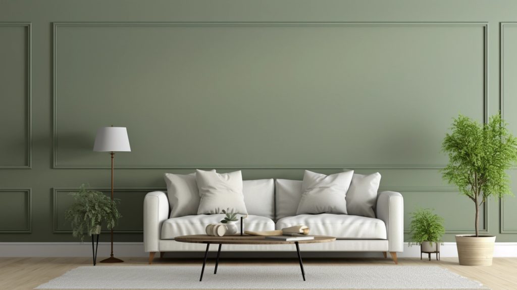 Living room with a sage green textured accent wall