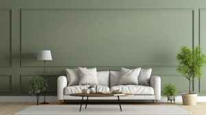 Living room with a sage green textured accent wall