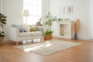 Sunlit living room with wood floors and indoor plants